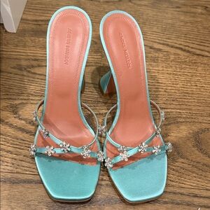 Amina Muaddi Turquoise Satin Crystal Floral-Strap Heels